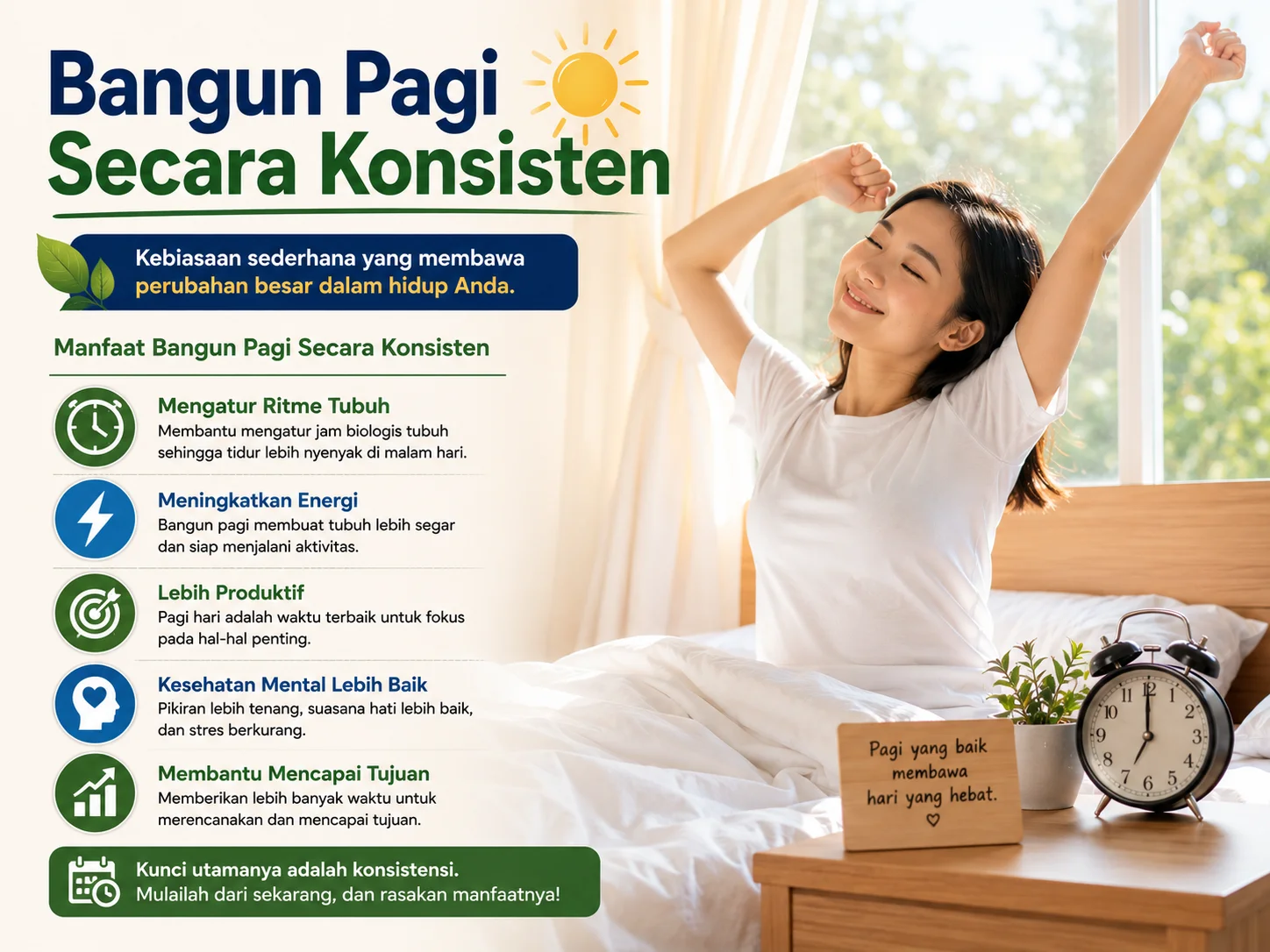 Bangun Pagi Secara Konsisten Seseorang bangun pagi dengan semangat dan energi positif