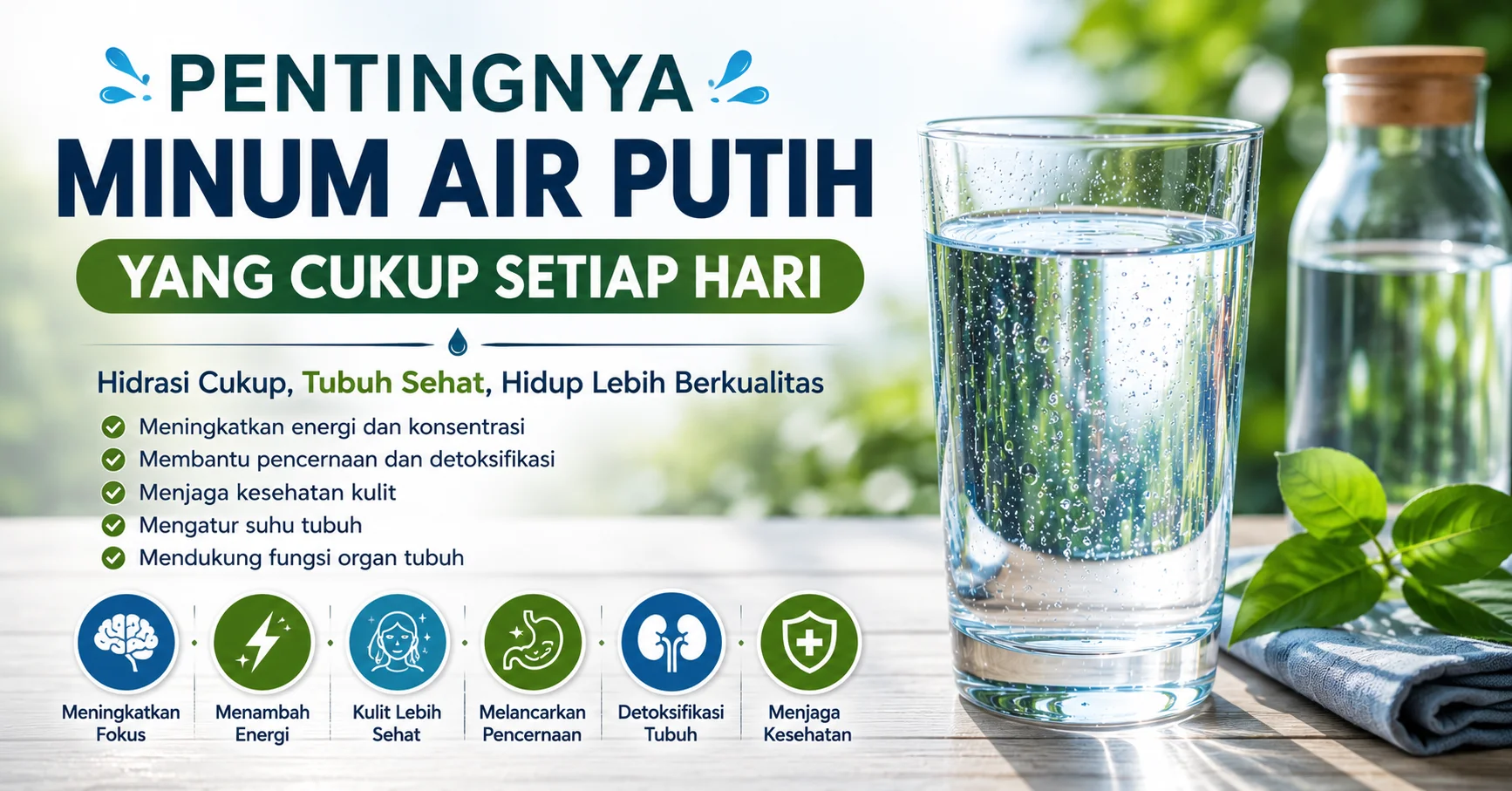 Segelas air putih segar yang membantu menjaga hidrasi tubuh setiap hari