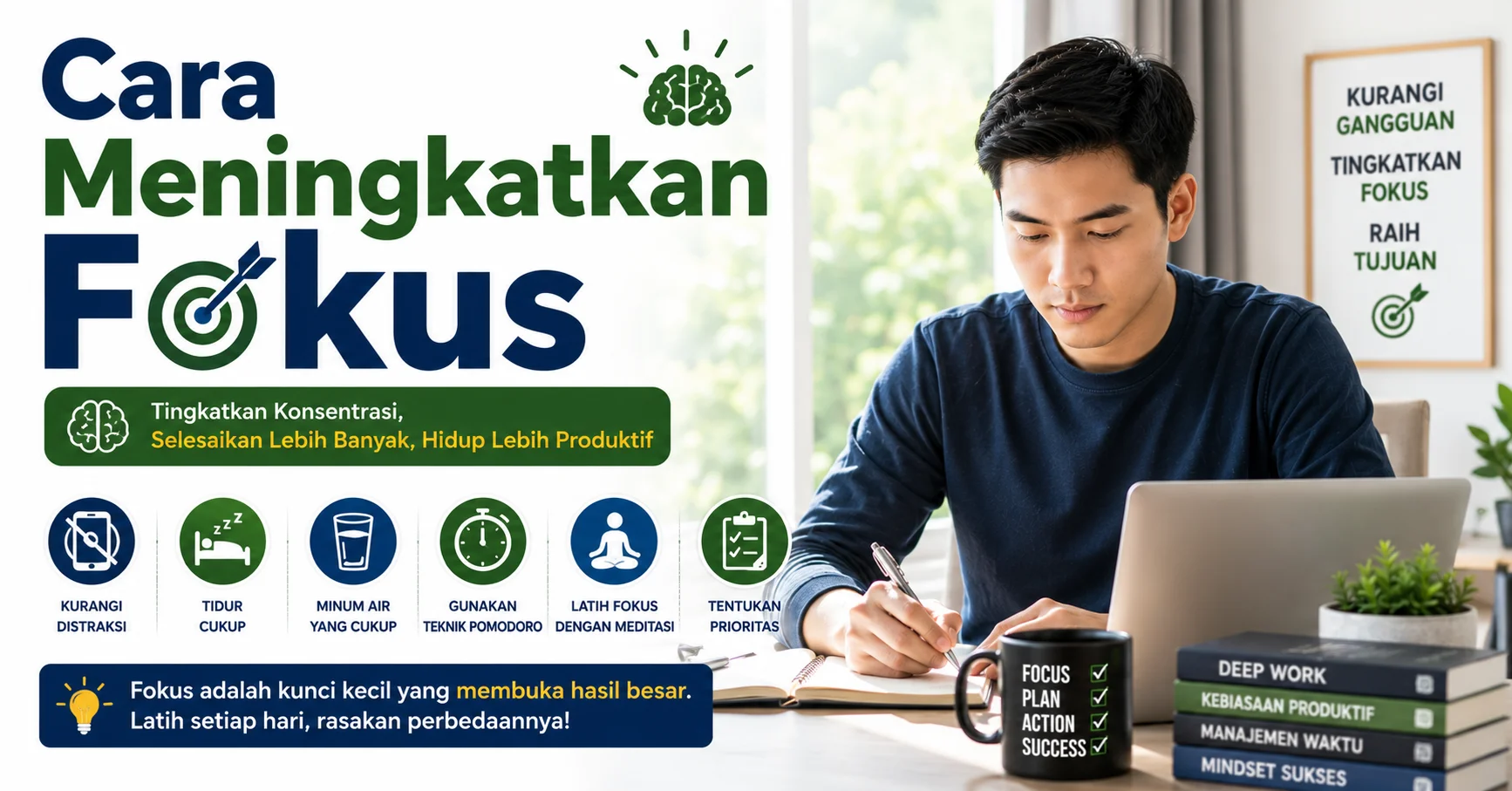 Cara Meningkatkan Fokus Seseorang fokus bekerja di meja kerja yang rapi dan minim distraksi