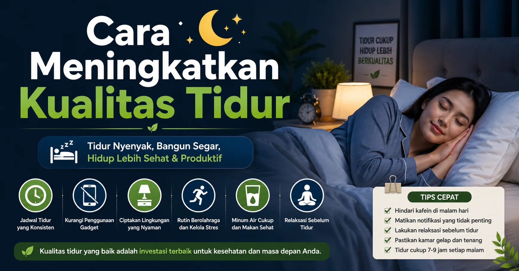 Cara Meningkatkan Kualitas Tidur Seseorang tidur nyenyak di kamar yang nyaman dan tenang