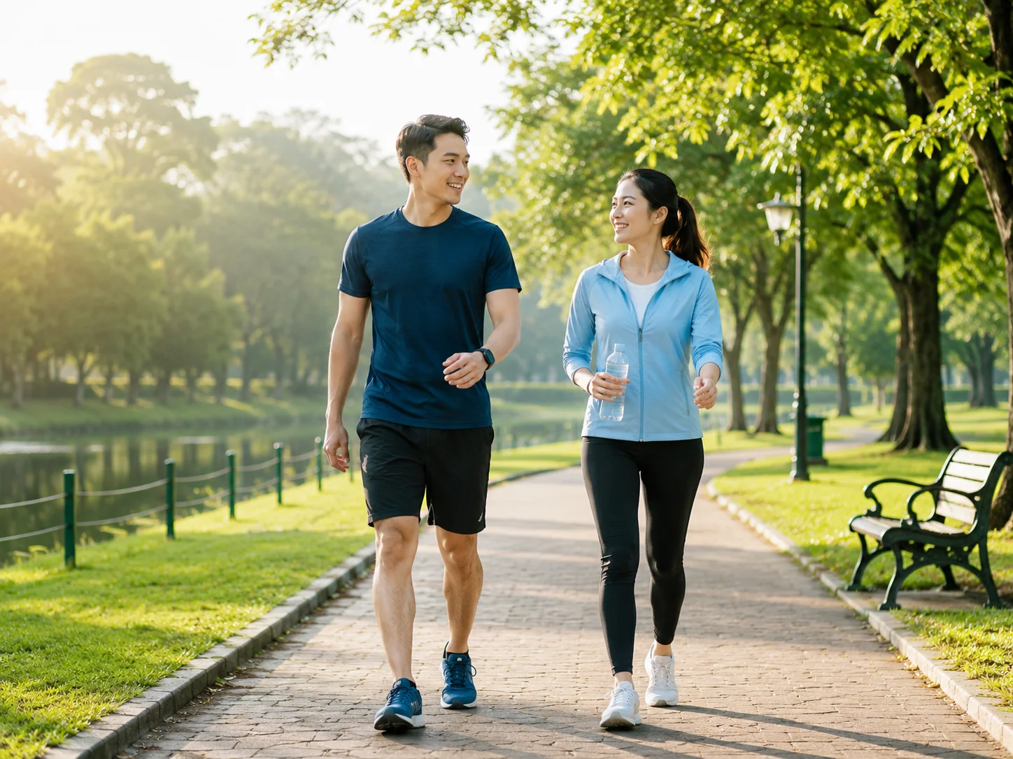 Daily Walking for Better Health Pria dan wanita berjalan kaki di taman pada pagi hari untuk menjaga kebugaran