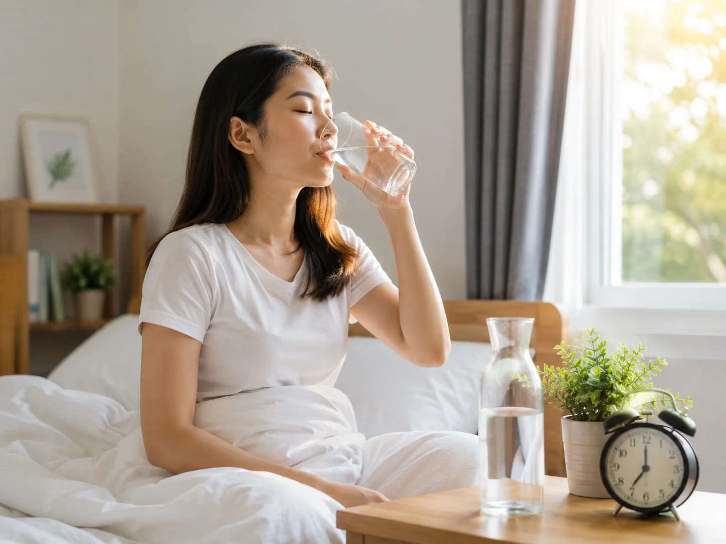 Drinking Water in the Morning Seseorang minum air putih setelah bangun tidur untuk menjaga hidrasi tubuh