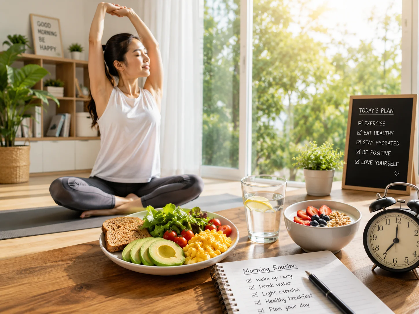 Healthy Morning Routine Rutinitas pagi sehat dengan olahraga ringan dan sarapan bergizi