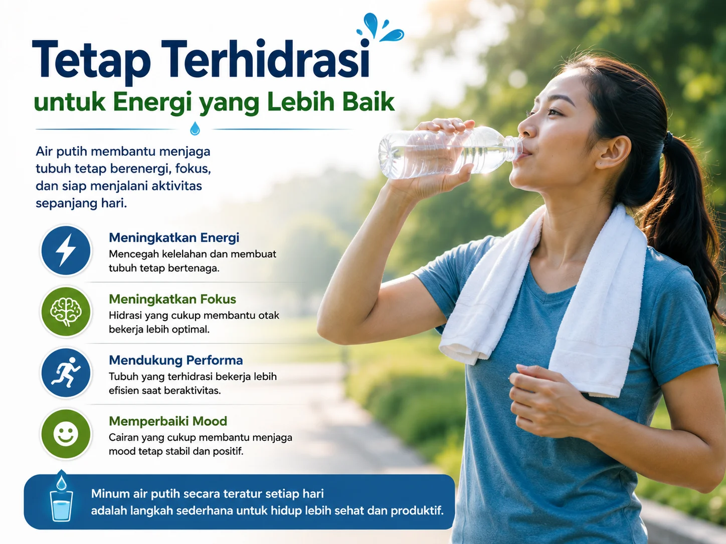 Seseorang minum air putih untuk menjaga energi dan kebugaran tubuh