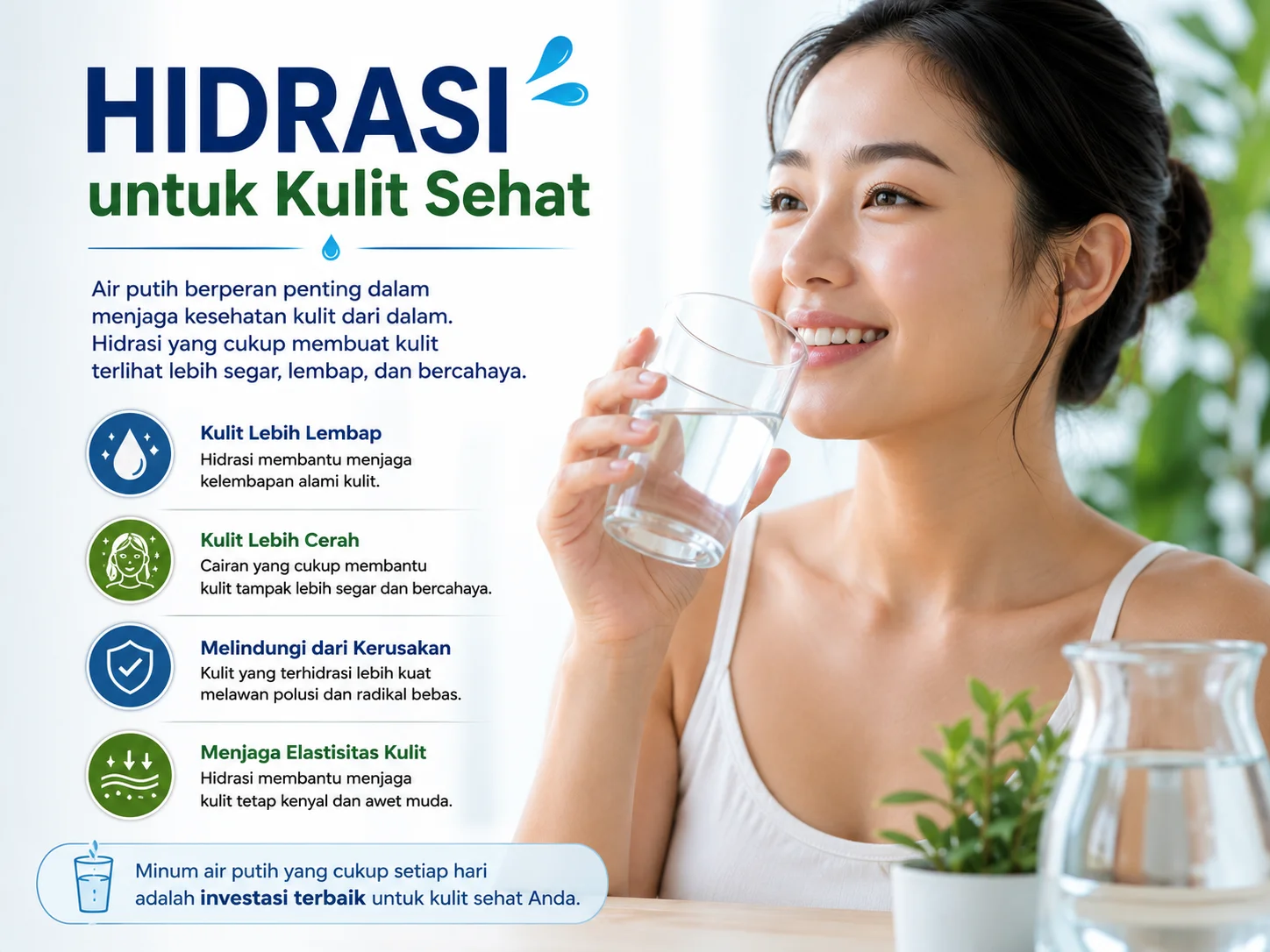 Kulit sehat dan segar karena hidrasi yang cukup