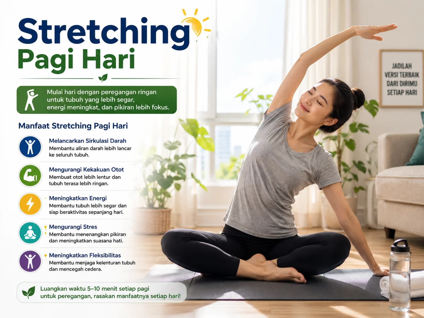 Stretching Pagi Hari Seseorang melakukan stretching ringan di pagi hari