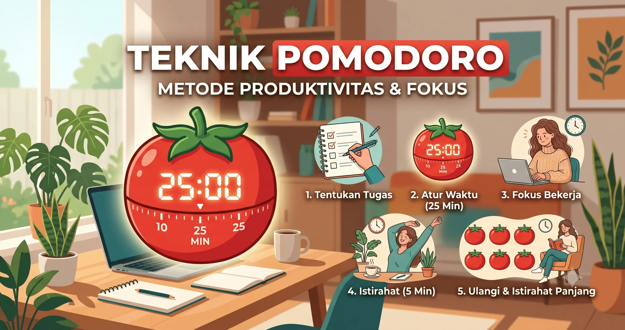 Teknik Pomodoro Seseorang menggunakan teknik Pomodoro untuk meningkatkan fokus dan produktivitas