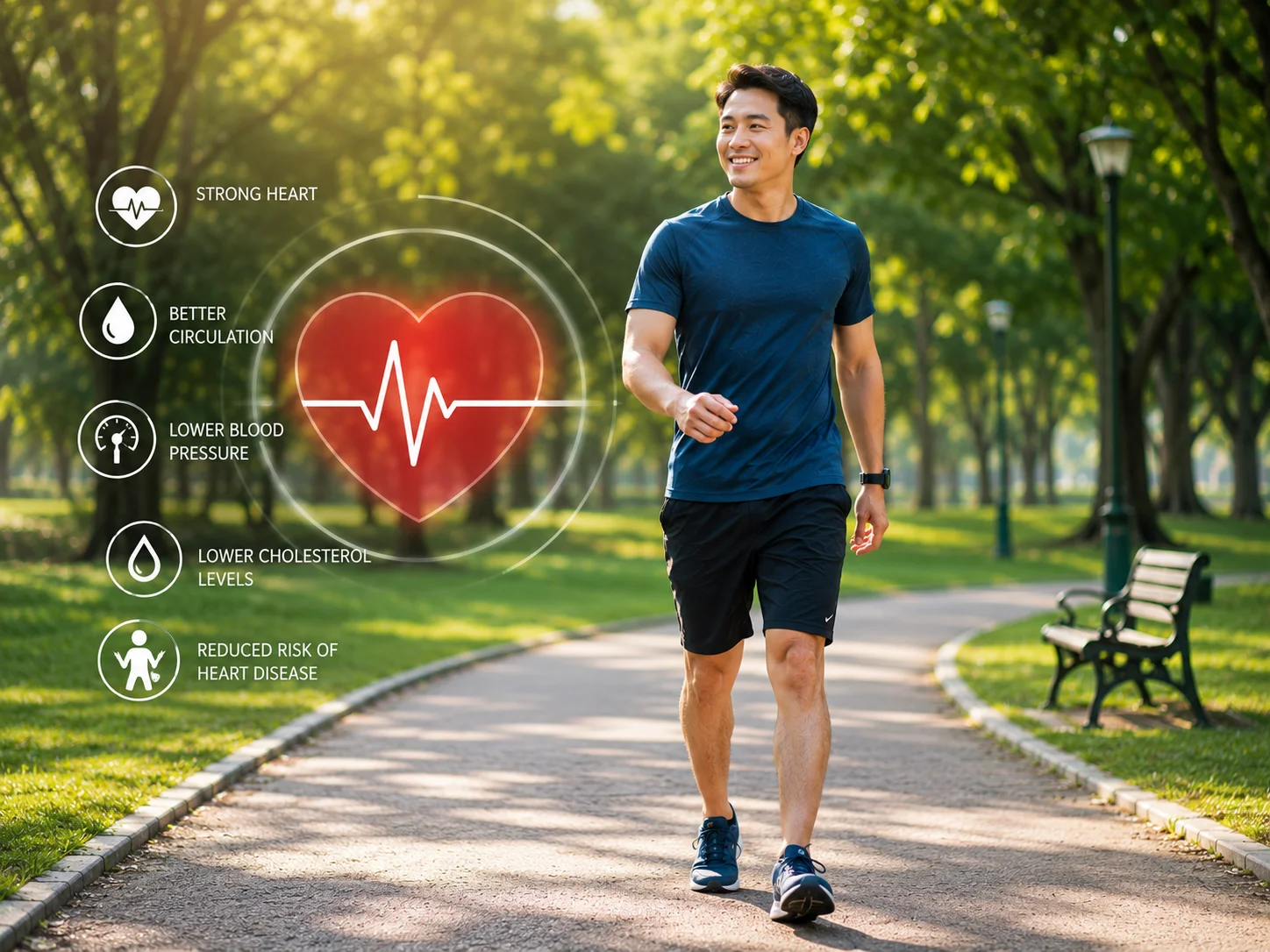 Walking for Heart Health Seseorang berjalan kaki di taman untuk menjaga kesehatan jantung