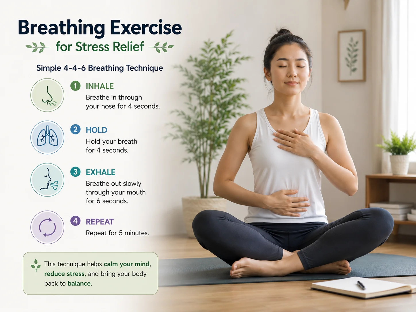 Breathing Exercise for Stress Relief Seseorang melakukan latihan pernapasan untuk meredakan stres
