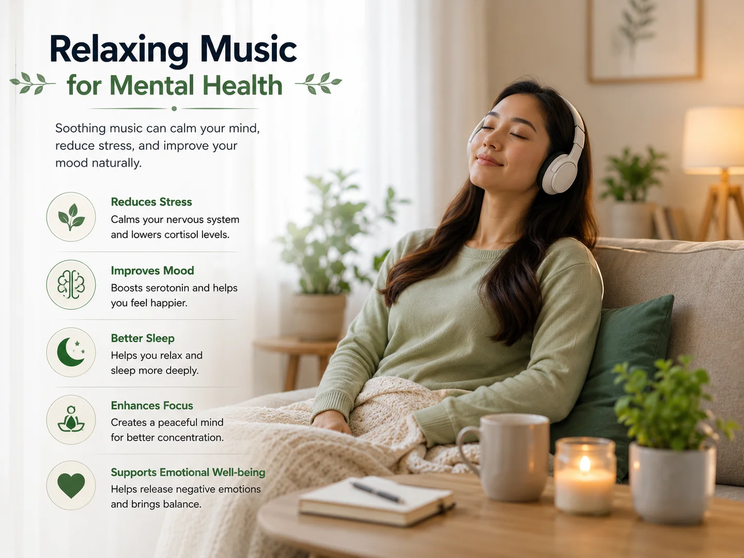Relaxing Music for Mental Health Seseorang mendengarkan musik santai untuk mengurangi stres